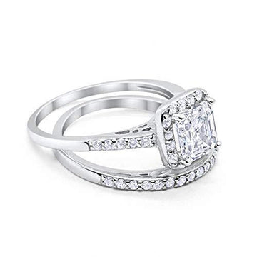 Halo Asscher Cut Wedding Piece Ring Round Simulated CZ 925 Sterling Silver